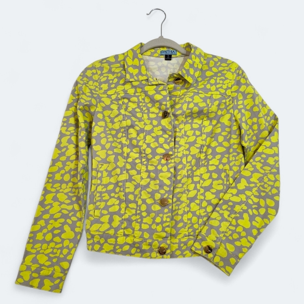 Cynthia Rowley Animal Print Jacket Size Small Yellow Gray Leopard Cheetah